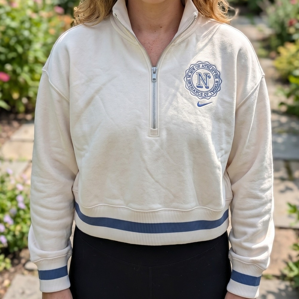 Nike Sportswear Quarter Zip Cropped Sweatshirt Sail Navy Blue Crest‎ DQ5380-133